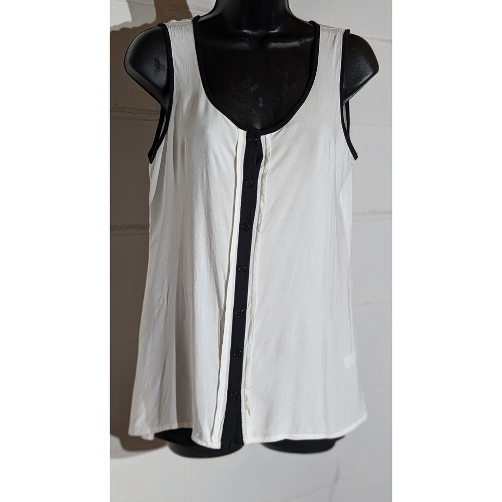 Spense White and Black Sleeveless Button Down Tank Top Blouse Casual Small